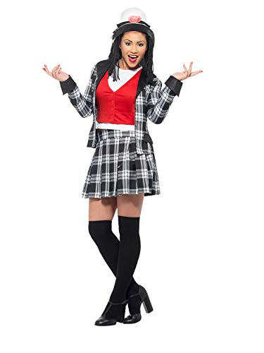 Woman in a plaid skirt suit and hat, posing with open hands.