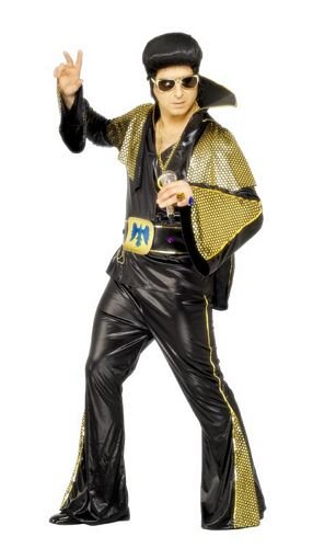 Man wearing a black Elvis costume with gold accents, sunglasses, and a pompadour wig.