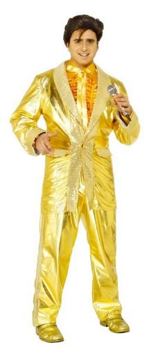 Man in a gold Elvis Presley costume holding a microphone.