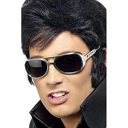 Man wearing silver aviator sunglasses and a black wig.
