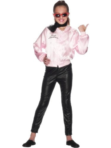A young girl wearing a pink satin jacket, black leather pants, and red sunglasses.
