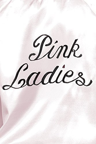 A girl wears a pink satin jacket, black trousers, and red sunglasses against a white background.
