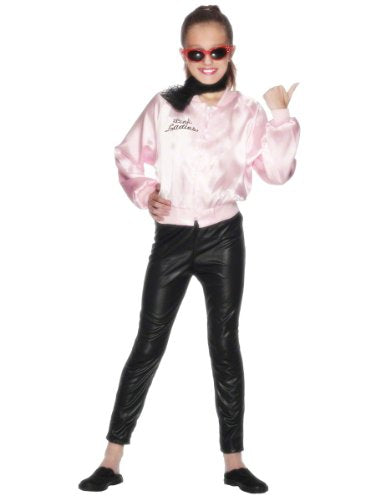 Child wearing a pink satin jacket and black pants.