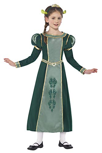 Girl wearing a long green dress with gold trim, Shrek’s Princess Fiona costume.