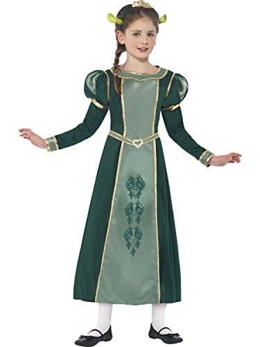 Girl wearing a long green Princess Fiona costume with gold trim.