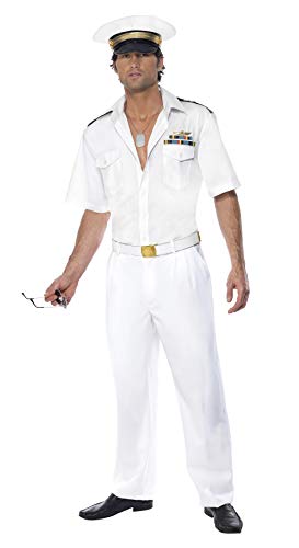 Man wearing a white Top Gun pilot costume with hat and sunglasses.