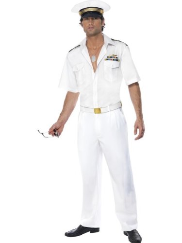 Man wearing a white Top Gun captain costume with hat and sunglasses.