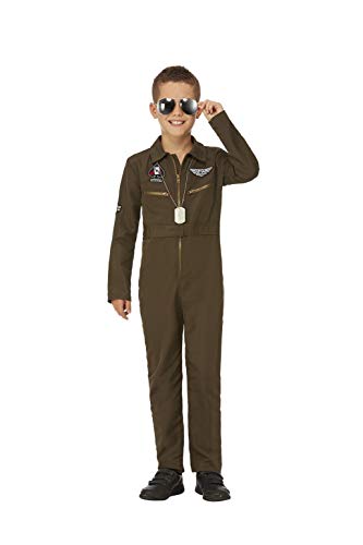 Child wearing a brown aviator jumpsuit and sunglasses, full body view.