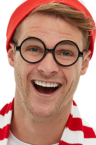 Man wearing large, round black glasses and a red-and-white striped shirt.