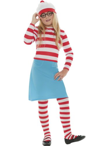 Child in a red and white striped shirt, hat, and blue skirt.