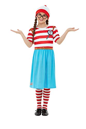 Girl in a red and white striped shirt, blue skirt, and glasses.