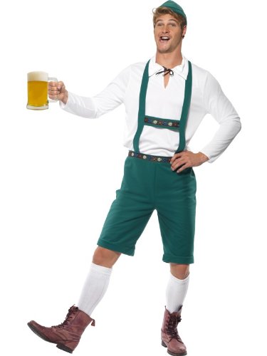 Man dressed in traditional Bavarian attire, holding a beer stein, against a white background.
