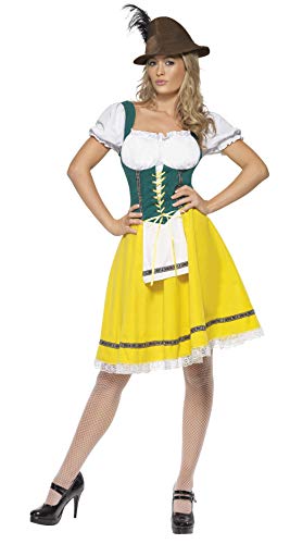 Woman wearing a traditional German Oktoberfest costume with a yellow skirt and green bodice.