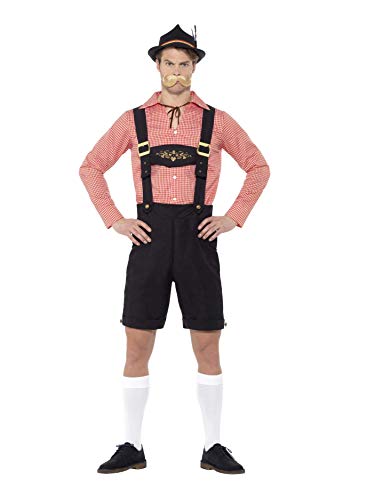 Man wearing a red checkered shirt, black lederhosen, hat, fake mustache, and white socks.