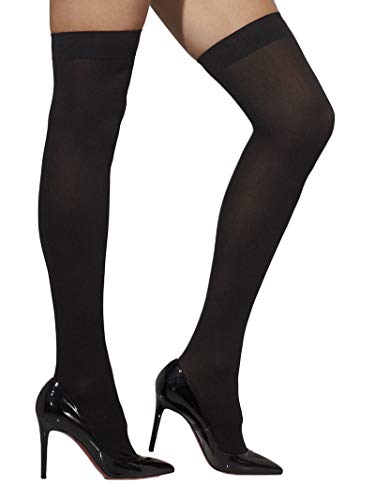 Black opaque hold-up stockings worn with black high-heeled pumps.