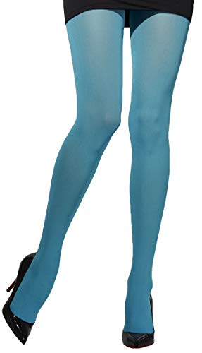 Model wearing bright blue, opaque tights and black heels.