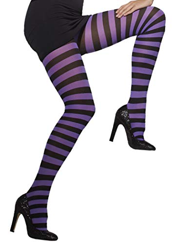 Purple and black striped opaque tights shown on a leg with a black heel.