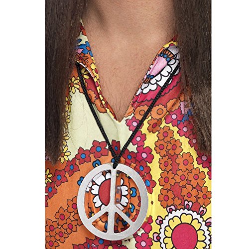 Silver peace sign medallion necklace on a black cord, worn with a floral shirt.