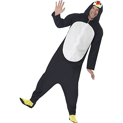 Person wearing a full-body black and white penguin costume.
