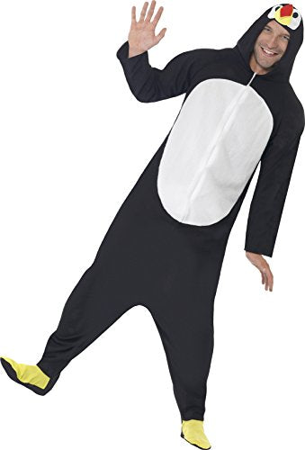 Person wearing a black and white penguin onesie costume.