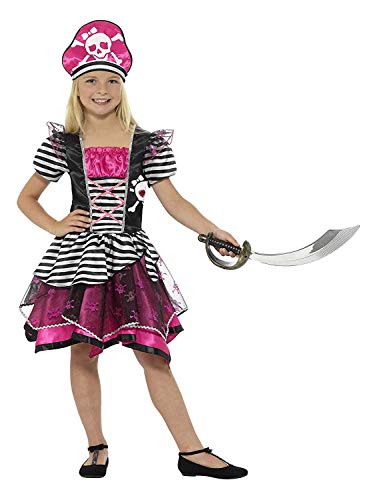 Girl wearing a pink and black striped pirate costume with hat and sword.