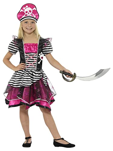 Girl in a pink and black striped pirate costume with a sword.
