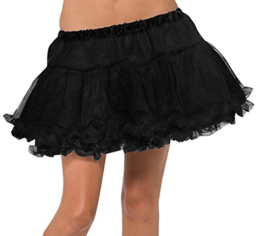 "Model wearing a black, ruffled, short petticoat with a satin waistband."