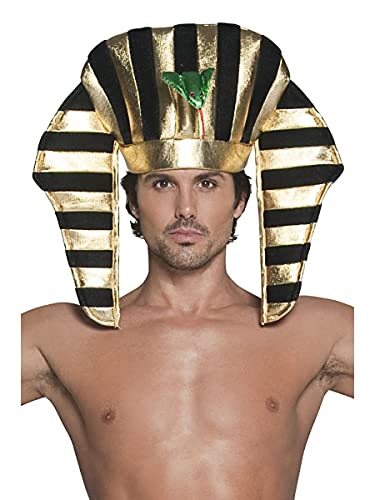 Gold and black striped pharaoh headdress with a green snake detail.