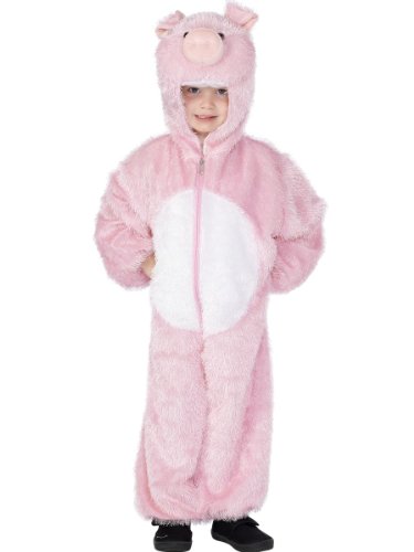 Child wearing a pink, fluffy pig costume with a hooded head.