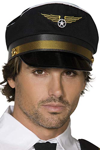 Man wearing a black pilot's cap with gold trim and emblem, white shirt, and black tie.
