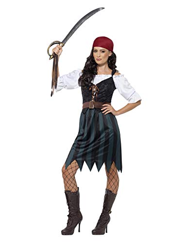Woman in a blue and black pirate deckhand costume holding a sword.