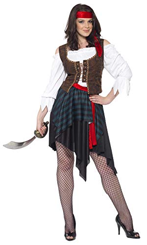 Woman in a pirate costume with a red headband and sword.