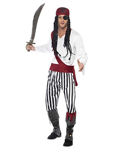Man in a black and white striped pirate costume holding a sword.