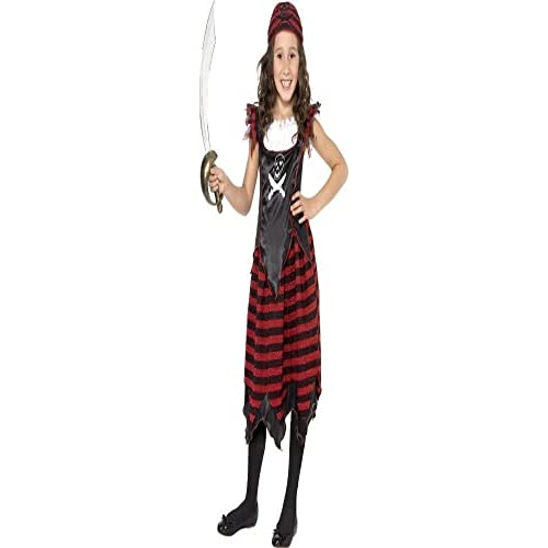 Girl in a red and black striped pirate costume holding a sword.