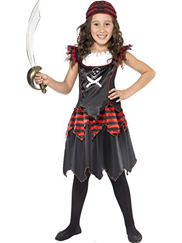 Young girl wearing a pirate costume, holding a toy sword, against a white background.