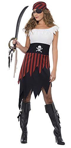 Woman wearing a pirate costume with a headscarf, eyepatch, sword, and black boots.