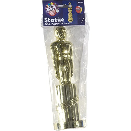 "Gold Oscar statuette on a cylindrical base, shiny and reflective, against a white background."