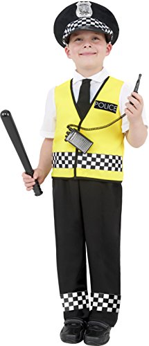 A young boy wearing a police costume, holding a baton and radio.