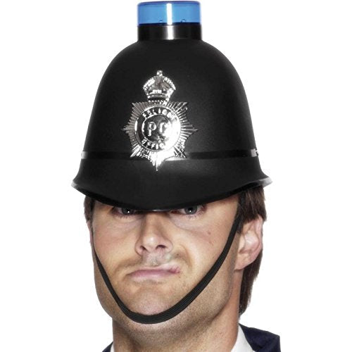 Black police helmet with a flashing blue light and chin strap.