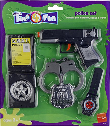 "Toy police set packaging with gun, handcuffs, badge, and watch inside a green plastic blister pack."