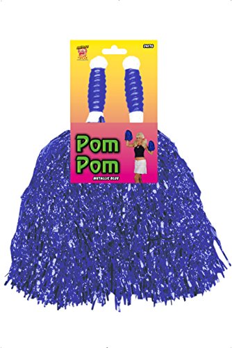 A pair of shiny, blue pom-poms held by a person's hand.