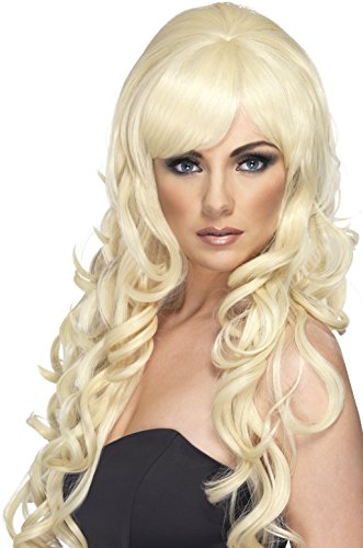 A blonde, curly wig on a model, with long hair and bangs.
