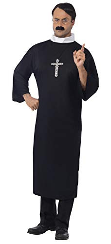 Man wearing a black priest costume with a white collar and cross.