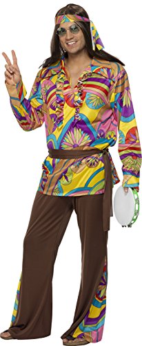 Man wearing a psychedelic hippie costume, including a colorful shirt, headband, and flared trousers.