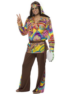 Man wearing colourful psychedelic shirt, headband, and brown flared pants, holding a tambourine.