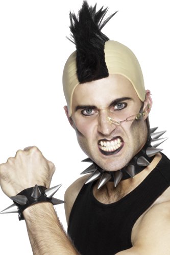 Man wearing spiked black choker and wristband, punk style.