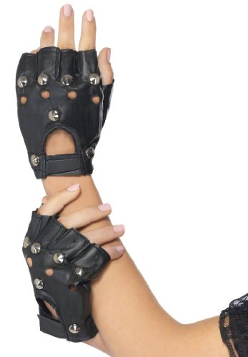 Black leather fingerless gloves with metal studs on a person's hands.
