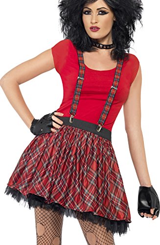 Woman modeling a red punk costume with tartan skirt and braces.