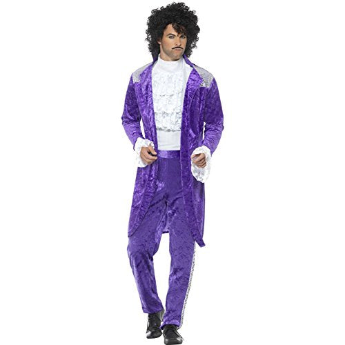 Man wearing a full-length purple velvet musician costume with a ruffled shirt.