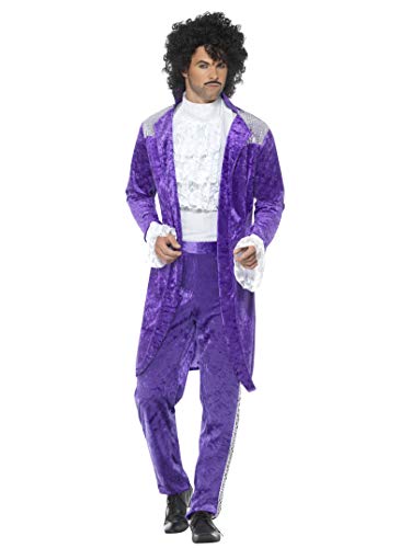 Man wearing a purple velvet musician costume with ruffled shirt.